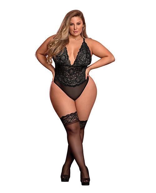 image of product,Risque Business Lace & Mesh Teddy W-snap Crotch Black Qn - SEXYEONE