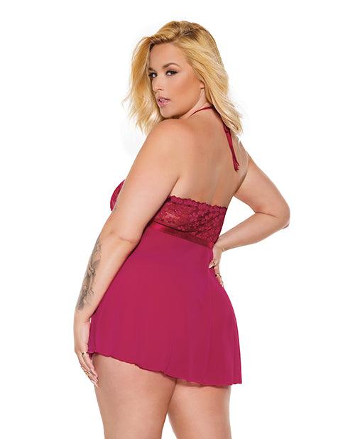 Scallop Stretch Lace & Sheer Mesh Halter Babydoll & Adjustable Thong Raspberry Os/xl - SEXYEONE