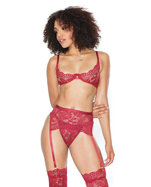 image of product,Scallop Stretch Lace Bra, Garter Belt & Thong Ruby - SEXYEONE
