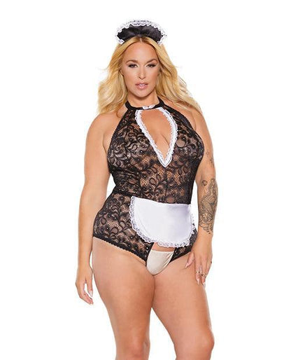 Scallop Stretch Lace Crotchless Maid Teddy W/headpiece Black/white Os/xl - SEXYEONE