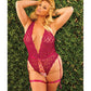 Scallop Stretch Lace Crotchless Teddy W/lace Up Front Raspberry Os/xl - SEXYEONE
