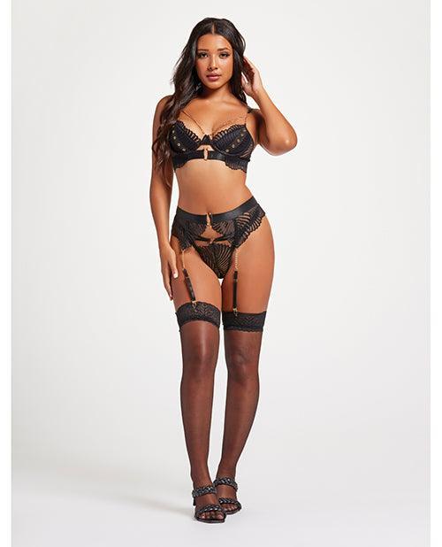 product image, Scalloped Lace Bra W/gold Chain, Garter Belt & Thong Black - SEXYEONE