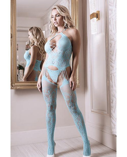 Sheer Fantasy Halter Neck Floral Lace Gartered Bodystocking & Panty Light Blue O/s - SEXYEONE