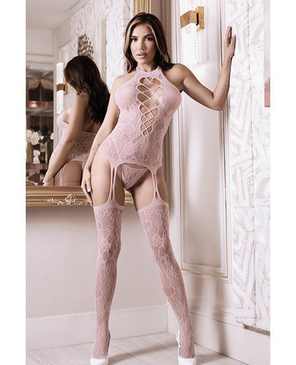 Sheer Fantasy High Neck Floral Lace Gartered Bodystocking & Panty Light Pink O-s - SEXYEONE