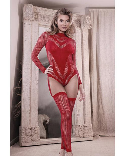 Sheer Infatuation Long Sleeve Teddy W/attached Footless Stockings Red O/s - SEXYEONE