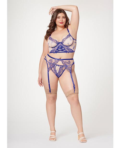 product image, Sheer Stretch Mesh W/floral Contrast Embroidery Bustier, Garter Belt & Thong Blue/nude - SEXYEONE