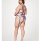 Sheer Stretch Mesh W/floral Contrast Embroidery Bustier, Garter Belt & Thong Blue/nude - SEXYEONE