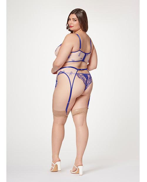 image of product,Sheer Stretch Mesh W/floral Contrast Embroidery Bustier, Garter Belt & Thong Blue/nude - SEXYEONE
