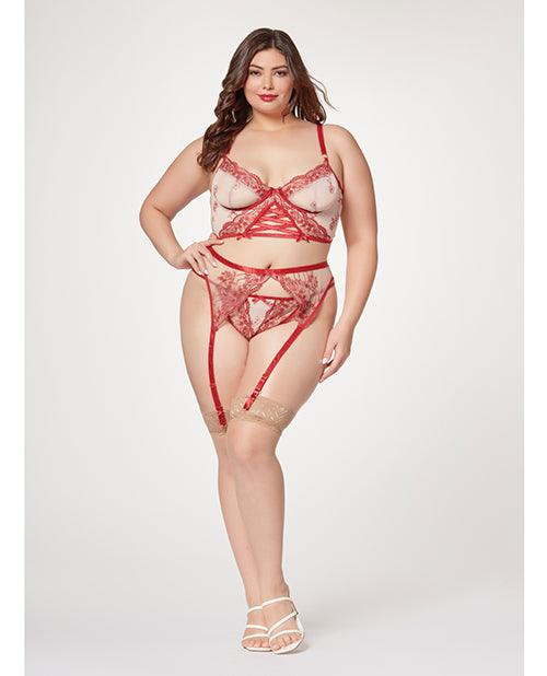 product image, Sheer Stretch Mesh W/floral Contrast Embroidery Bustier, Garter Belt & Thong Red/nude - SEXYEONE