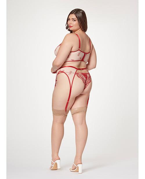 image of product,Sheer Stretch Mesh W/floral Contrast Embroidery Bustier, Garter Belt & Thong Red/nude - SEXYEONE
