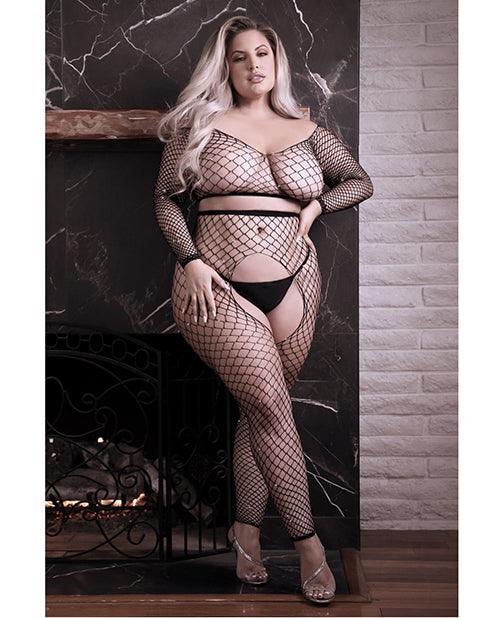 product image, Sheer Stunner Rhinestone Fishnet Long Sleeve Top & Crotchless Tights Black - SEXYEONE