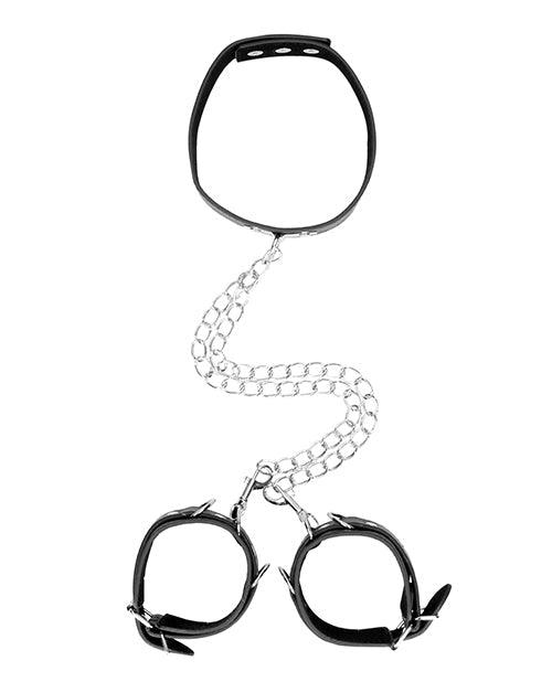 Shots Ouch Black & White Bonded Leather Collar W-hand Cuffs - Black - SEXYEONE