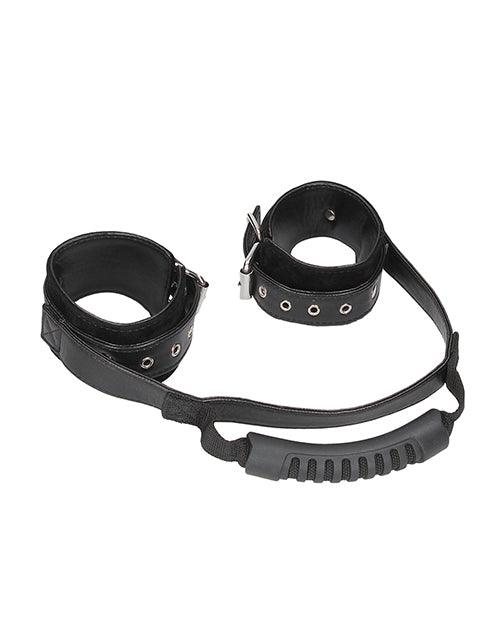 image of product,Shots Ouch Black & White Bonded Leather Hand Cuffs W-handle - Black - SEXYEONE