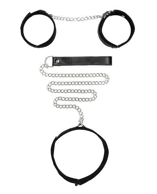 image of product,Shots Ouch Black & White Velcro Collar W-leash & Hand Cuffs - Black - SEXYEONE