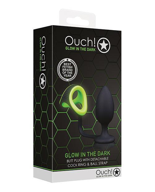 image of product,Shots Ouch Butt Plug W-cock Ring & Ball Strap - Glow In The Dark - SEXYEONE