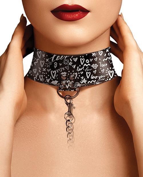 image of product,Shots Ouch Love Street Art Fashion Printed Collar W-leash - Black - SEXYEONE