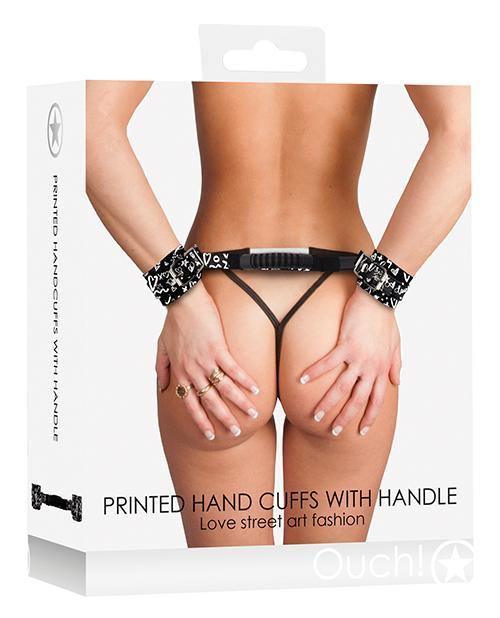 product image, Shots Ouch Love Street Art Fashion Printed Hand Cuffs W-handle - Black - SEXYEONE