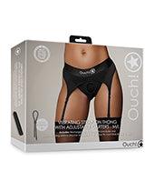 product image, Shots Ouch Vibrating Strap On Thong W/adjustable Garters - Black - SEXYEONE