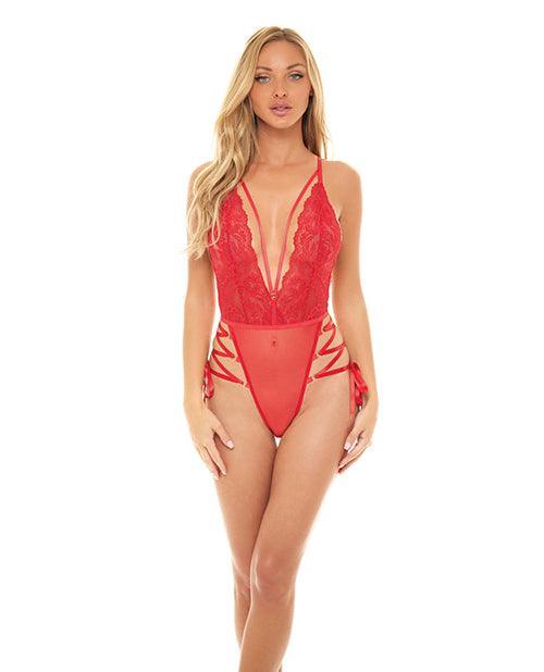product image, Sloane Soft Cup Deep Plunge Teddy W/side Lace Up Ribbon Detail Red - SEXYEONE