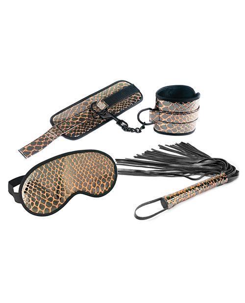 product image, Spartacus Faux Leather Wrist Restraints Blindfold & Flogger Bondage Kit - Gold - SEXYEONE