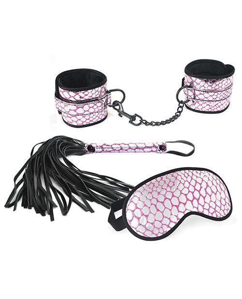 product image, Spartacus Faux Leather Wrist Restraints Blindfold & Flogger Bondage Kit - Pink - SEXYEONE