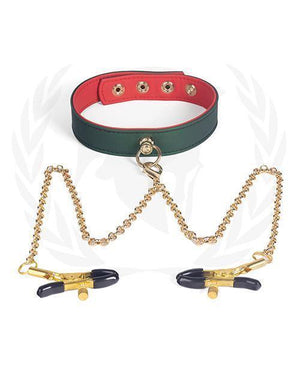 Spartacus Pu Collar W-nipple Clamps - Green - SEXYEONE