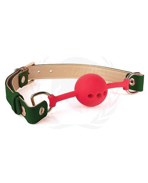 product image, Spartacus Silicone Ball Gag W-green Gold Pu Straps - 46 Mm - SEXYEONE