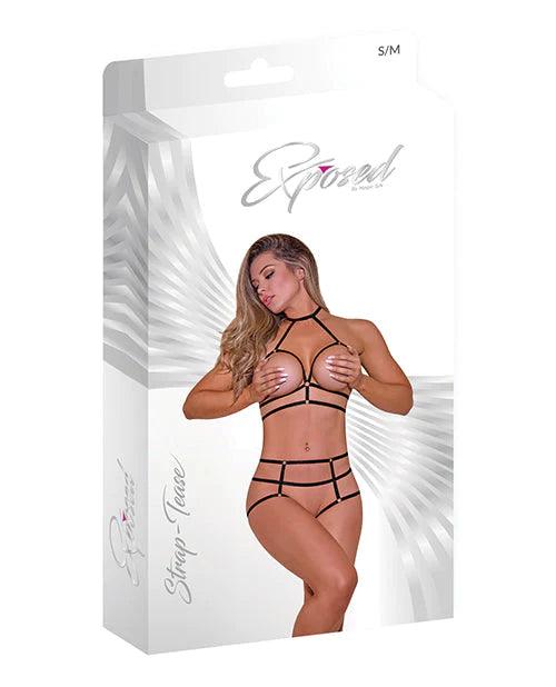 image of product,Strap-tease Cupless Choker Bra & Open Cage Short Black - SEXYEONE