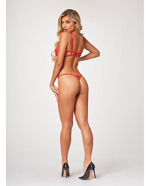 image of product,Strappy Sheer Lace Demi Cup Bra & Thong Red - SEXYEONE
