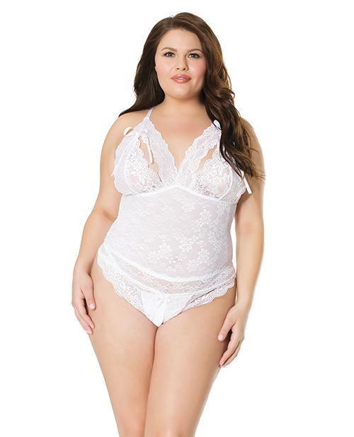 product image, Stretch & Scallop Lace Crotchless Teddy White Os-xl - SEXYEONE