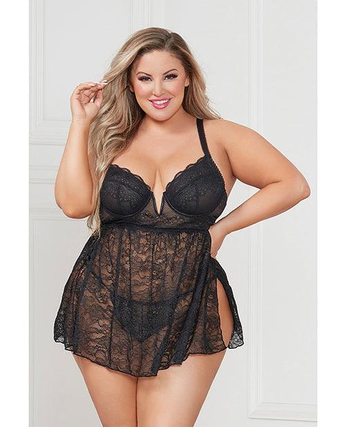 product image, Stretch Lace Babydoll W/underwire Cups & G-string Black - SEXYEONE