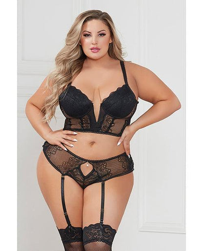 Stretch Lace Cropped Bustier & Cheeky Panty Black - SEXYEONE