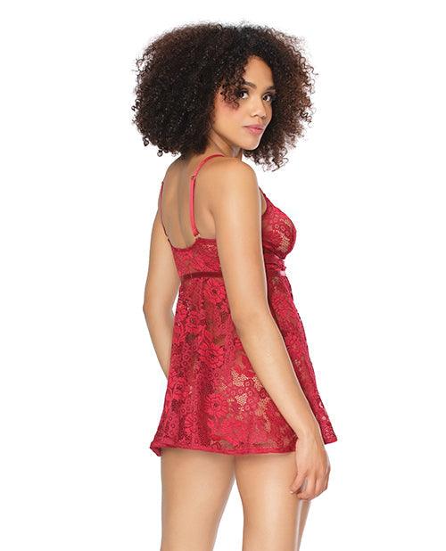 image of product,Stretch Lace Soft Triangle Cup Babydoll W-thong Ruby O-s - SEXYEONE