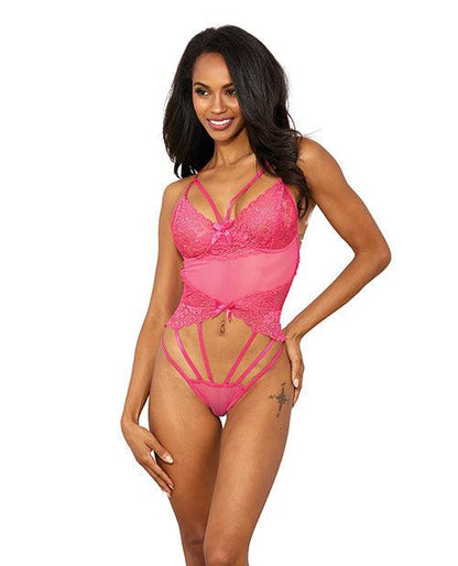 Stretch Lace W-underwire Cups & Strap Thong Detail Teddy Hot Pink Xxl - SEXYEONE