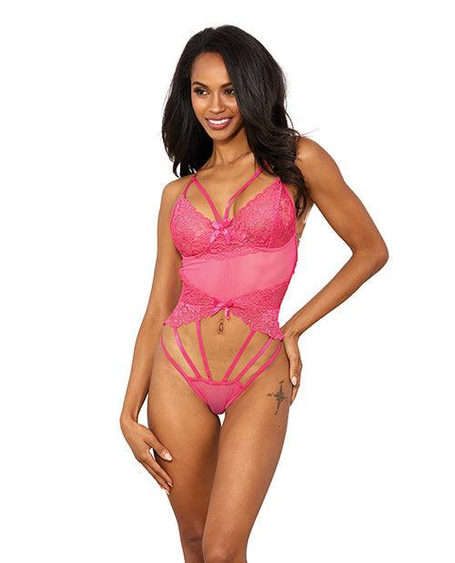 image of product,Stretch Lace W/underwire Cups & Strap Thong Detail Teddy Hot Pink - SEXYEONE