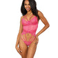 Stretch Lace W/underwire Cups & Strap Thong Detail Teddy Hot Pink - SEXYEONE