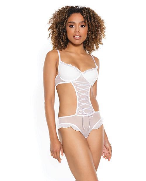 product image, Stretch Mesh Ruffled Crotchless Teddy White - SEXYEONE