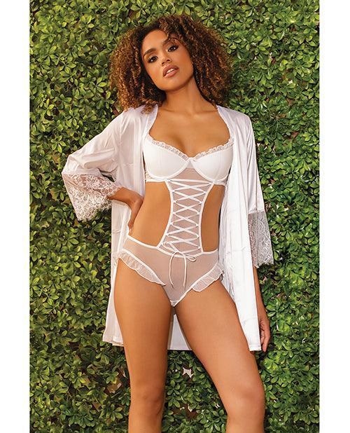 image of product,Stretch Mesh Ruffled Crotchless Teddy White - SEXYEONE