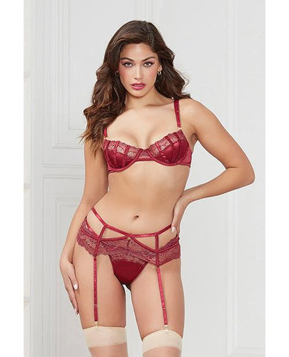 Stretch Satin & Lace Balconette Cup & Garter Panty Wine - SEXYEONE
