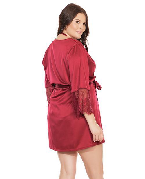 image of product,Stretch Satin Robe W/eyelash Lace Sleeve Robe Merlot - SEXYEONE