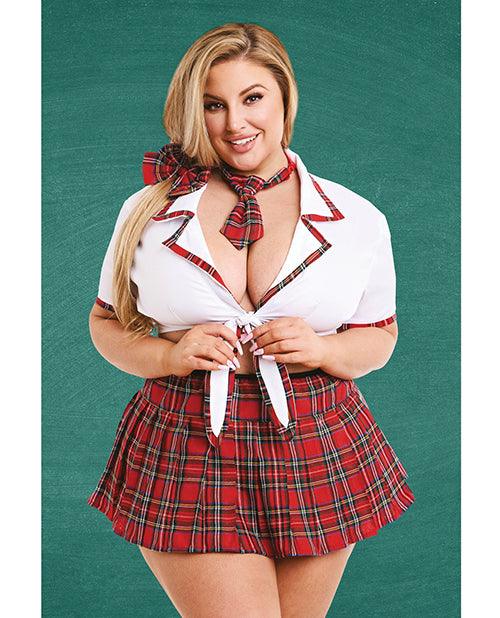product image, Teacher's Pet Ms Honor Student School Girl Tie Top, Pleated Skirt, Neck Tie & Hair Bow Red - SEXYEONE