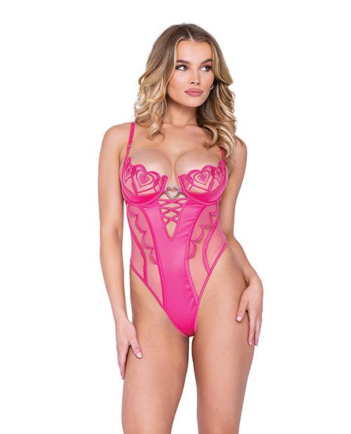 product image, Valentine Bubblegum Heart Metallic Lace & Scallop Embroidered Teddy Pink - SEXYEONE