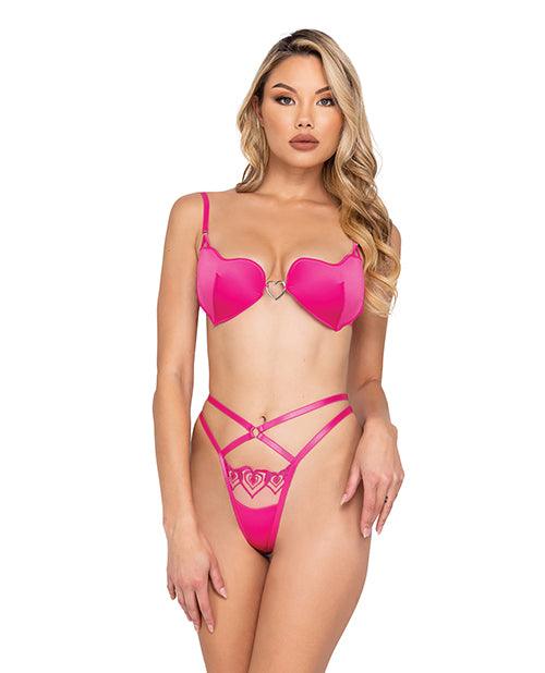 product image, Valentine Bubblegum Heart Satin Bra & Metallic Lace Embroidered Thong Pink - SEXYEONE