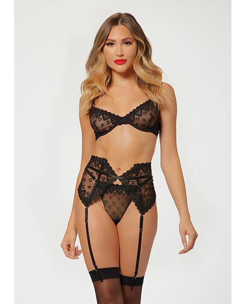 product image, Valentines Heart Embroidered Mesh Bra, Waspie & Panty Black - SEXYEONE