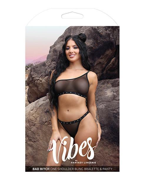 image of product,Vibes Bad Bitch One Shoulder Bling Bralette & Panty Black - SEXYEONE