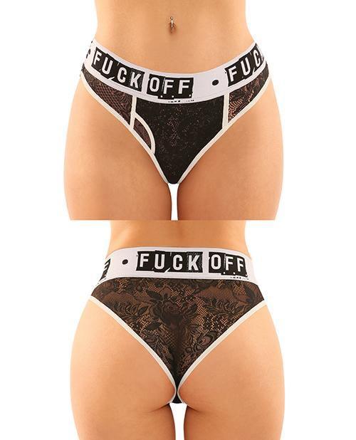 product image, Vibes Buddy Fuck Off Lace Boy Brief & Lace Thong Black - SEXYEONE
