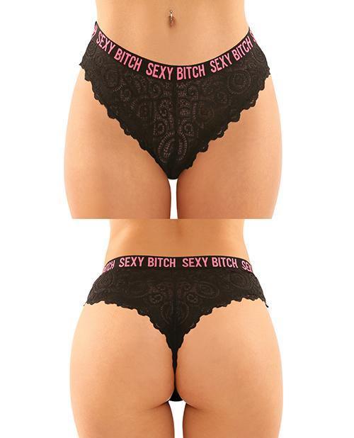 product image, Vibes Buddy Sexy Bitch Lace Panty & Micro Thong Black/pnk - SEXYEONE
