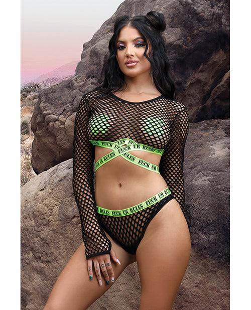 product image, Vibes Fuck Ur Rules Long Sleeve Crop Top, Panty & Pasties Black/green - SEXYEONE