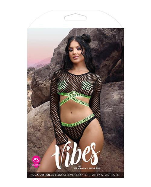 image of product,Vibes Fuck Ur Rules Long Sleeve Crop Top, Panty & Pasties Black/green - SEXYEONE