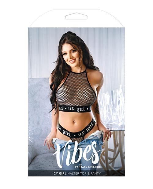 product image,Vibes Icy Girl Metallic Fishnet Halter Top & Panty Black - SEXYEONE